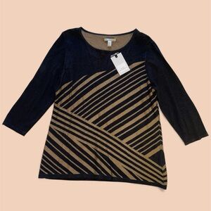 Dana Buchman Black and Tan Asymmetrically Striped 3/4 Sleeve Sweater